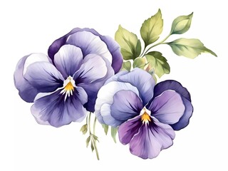 flowers isolated on white background, pansies painted with watercolors. delicate flowers for design