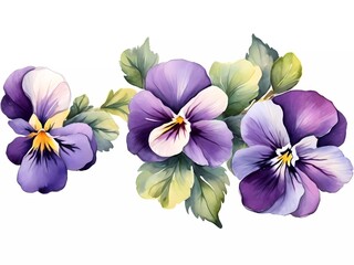 purple and white flowers, pansies painted with watercolors. delicate flowers for design