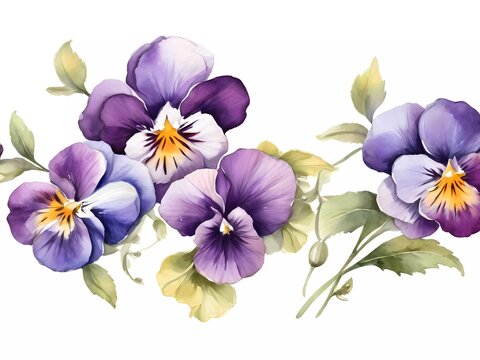 bouquet of flowers, colorful pansy flowers in the garden painted with watercolors