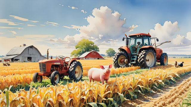 The image can be named Red tractor working in a green field under the sky