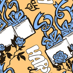 Gift box, ribbon and flowers seamless pattern for wrapping present with bow, party celebration, sale promotion, Textile print, fabric design, banner background. Hand drawn illustration cartoon style.