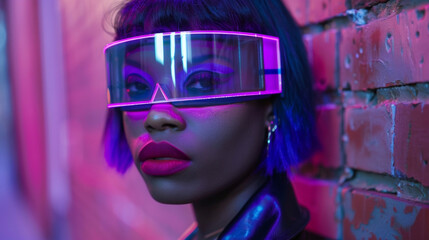 With a vibrant purple streak in her hair and a retro visor covering her eyes this black woman embodies the concept of futuristic nostalgia a fusion of old and new in her modernized . - obrazy, fototapety, plakaty