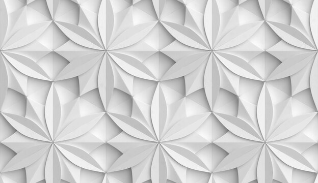 3D Wallpaper in the form of geometric panels of white material with flower of life with realistic seamless texture of high quality
