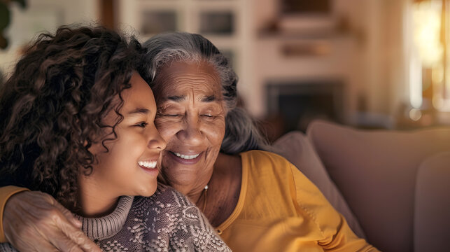 Biracial grandmother and granddaughter enjoy a moment at home with copy space their warm interaction adds a personal touch to the modern living space : Generative AI