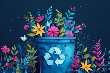 Recycling bin bursting with vibrant flowers and plants Generative AI image