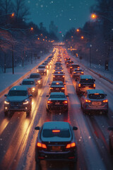 Evening rush hour on snowy city road Generative AI image