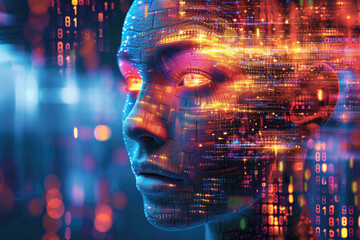 Futuristic digital human face with binary code Generative AI image