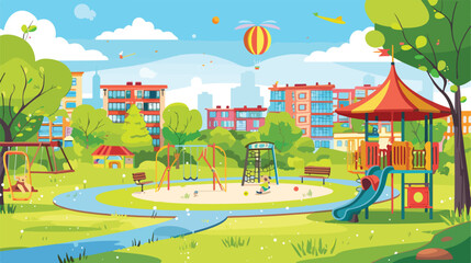 Playground in morning summer city park. Vector cartoon