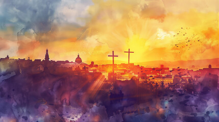 Crosses for Crucifixion on the hill at Golgotha. Digital art. v2