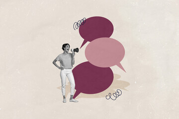 Vertical photo collage of happy girl hold loudspeaker promote news cloud communication dialogue...