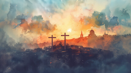 Crosses for Crucifixion on the hill at Golgotha. Digital art. v1