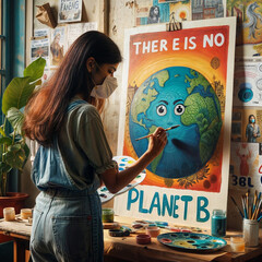 Woman painting a poster about the environment about There is No PLANET B for earth , environment day created with generative ai	 - obrazy, fototapety, plakaty
