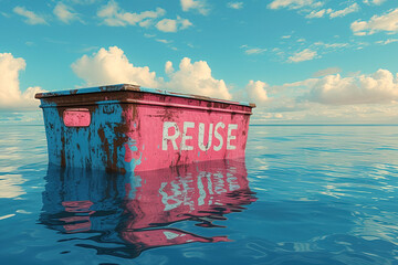 Weathered container with Reuse graffiti floating in ocean Generative AI image