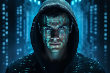 Generative AI illustration of man with digital code on his face symbolizes cybersecurity and hacking in a digital age