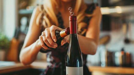 Woman opening wine bottle with corkscrew on blurred background - Powered by Adobe