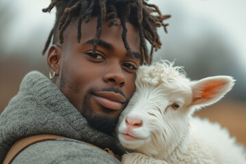 Gentle moment between a man and a lamb in nature Generative AI image