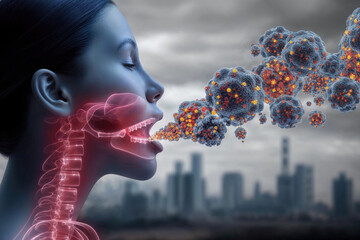 Airborne transmission concept with virus particles and human Generative AI image