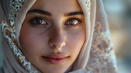The subjects deep brown eyes sparkle with inner joy and confidence emphasized by the HD quality of the photo. Her hijab adorned with delicate lace ts is a remarkable example of haute .