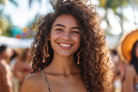 Radiant young woman with curly hair enjoying summer Generative AI image