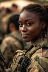 Fototapeta premium Confident female soldier smiles in camouflage uniform Generative AI image