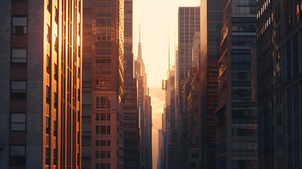 Manhattan skyscrapers during setting sunlight detail shot of world famous travel destination horizontal copy space graphic resources backgrounds : Generative AI - obrazy, fototapety, plakaty