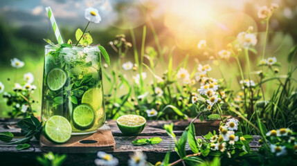 Mojito cocktail, picnic in beautiful countryside - obrazy, fototapety, plakaty