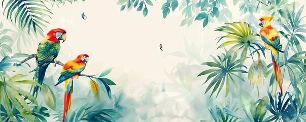 Obraz na płótnie Canvas Tropical background with birds. Exotic landscape in hand-drawn wotercolar style. Luxury wall mural. Wallpaper with leaves and flowers.