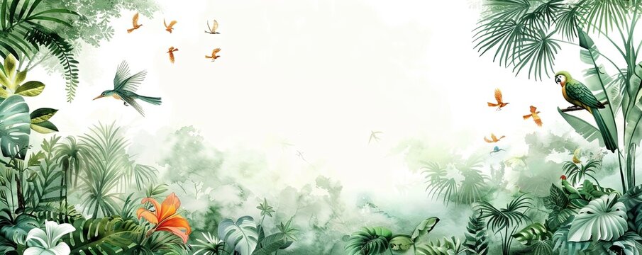 Tropical background with birds. Exotic landscape in hand-drawn wotercolar style. Luxury wall mural. Wallpaper with leaves and flowers.
