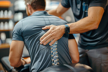 A chiropractor performs an adjustment on a patient's spine, relief from back pain. - obrazy, fototapety, plakaty