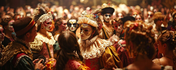 A festive masquerade ball in Verona, richly detailed Renaissance attire, guests in masks, Romeo spots Juliet across the crowded room
