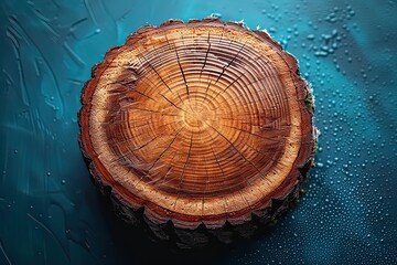 Round wooden stump isolated on blue background. Natural tree section cut from the trunk.