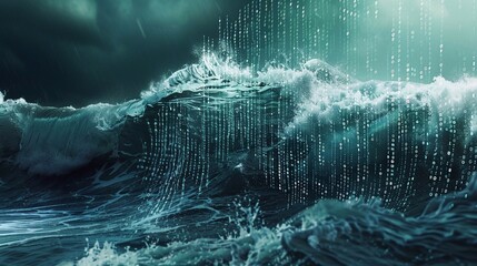 combination of nature and the world of technology. ocean with high waves like Matrix-style programming code falling