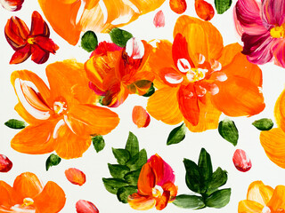 Abstract red and orange flowers, original hand drawn, impressionism style, color texture, brush strokes of paint, art background.