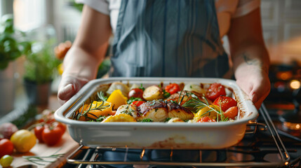 Woman taking baking dish with delicious fish and vegetables