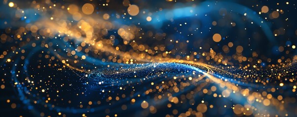An abstract background with Dark blue and gold particle. Christmas Golden light shine particles bokeh on navy blue background. A wave rhythm, Gold foil texture. Holiday concept. 
