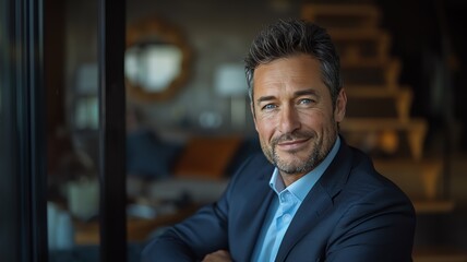 Obraz premium image of attractive confident 40 year old businessman, model appearance, CEO, copy space for text