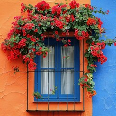 Fototapeta na wymiar A Window With Red Flowers On It 