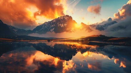 Stunning landscape of a lake looking out onto a snowy mountain, reflection of the mountain and sky at sunset