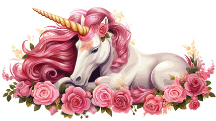 Pretty Pink Unicorn Lying On Ornate Flower Garland Vector