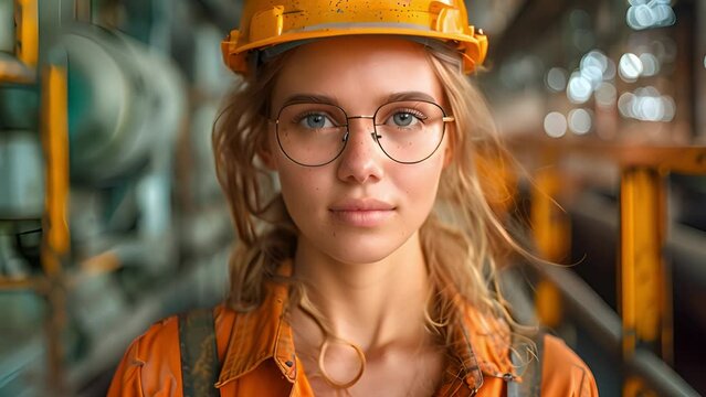 A woman dons a yellow hard hat and clear safety glasses, ready for construction or industrial work, exuding professionalism and safety awareness.