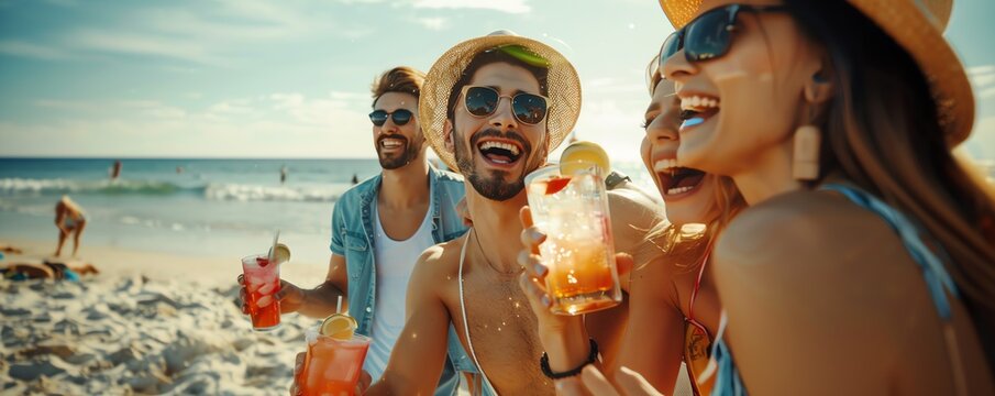 An image of group of young people partying on the beach in the sun with cocktails wearing hats and sunglasses