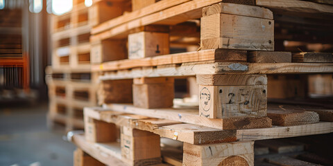 Stack of wooden pallet Industrial wood pallet at factory warehouse Cargo and shipping Sustainability.