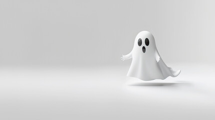 3D illustration of a little white ghost floating on a white background.