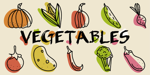 Colorful Doodle set Vegetables: pumpkin, corn, cucumber, potato editable stroke. Multicolored vector hand drawn illustration done in green, orange, red, yellow colors. Isolated on beige background