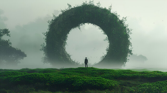 A man standing and looking at a giant overgrown ring in a green landscape, generative Ai