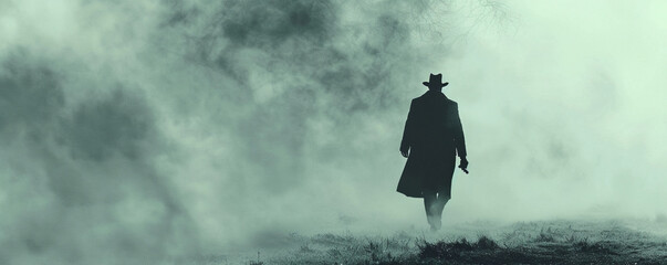 Mysterious Man Walking in Foggy Street Noir Scene - obrazy, fototapety, plakaty