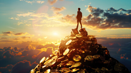 Man standing on pile of golden coins, on top of a mountain