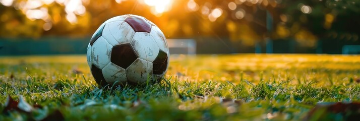 Vibrant Soccer Ball in Grassy Field During Sunset on Sports Field - obrazy, fototapety, plakaty