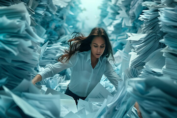 Young business woman wading through a mountain of paperwork.