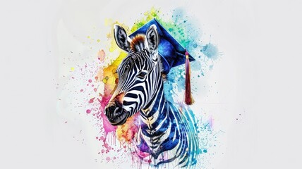Vibrant Watercolor Zebra Foal with Graduation Cap Celebrating Educational Achievement